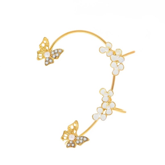 Butterfly Bloom, Flower Pearl Ear Wrap, Delicate Ear Wrap, Gold Pearl Flower Ear - Picture 4 of 5